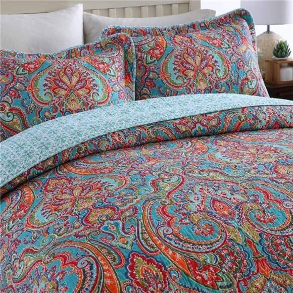 Cotton Bedspread Quilt Sets-Reversible Patchwork Coverlet Set, European - Picture 2 of 7